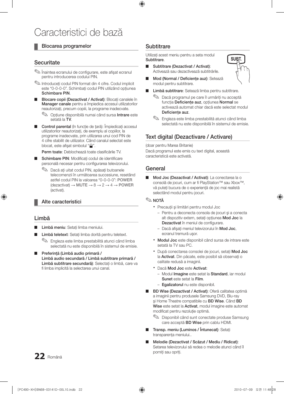 Caracteristici de bază, Securitate, Limbă | Subtitrare, Text digital (dezactivare / activare), General | Samsung PS50C490B3W User Manual | Page 358 / 422
