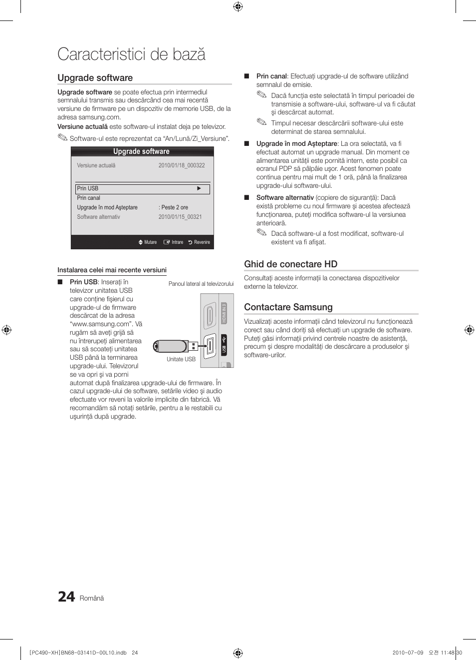 Caracteristici de bază, Upgrade software, Ghid de conectare hd | Contactare samsung | Samsung PS50C490B3W User Manual | Page 360 / 422