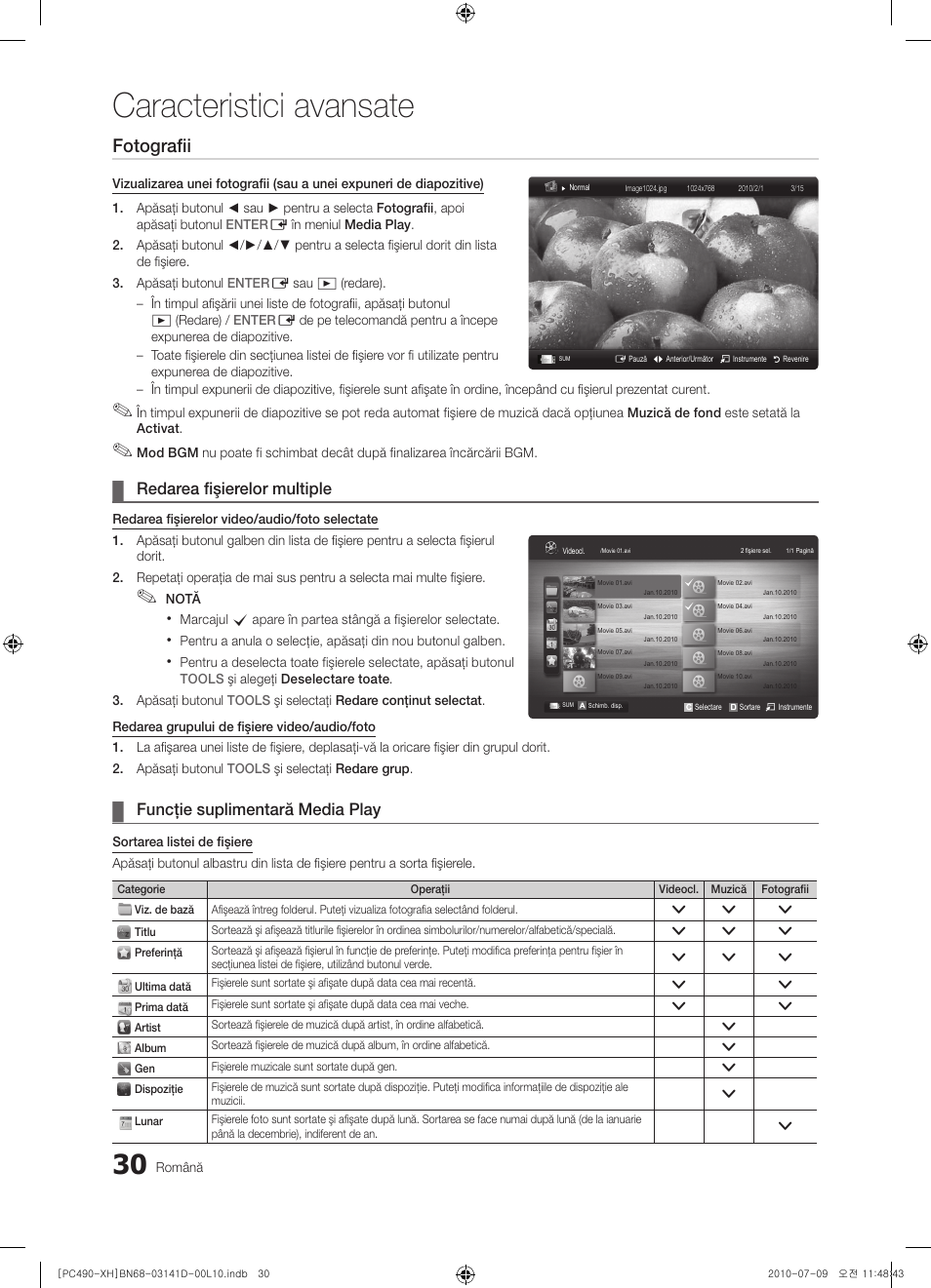 Caracteristici avansate, Fotografii, Redarea fişierelor multiple | Funcţie suplimentară media play | Samsung PS50C490B3W User Manual | Page 366 / 422