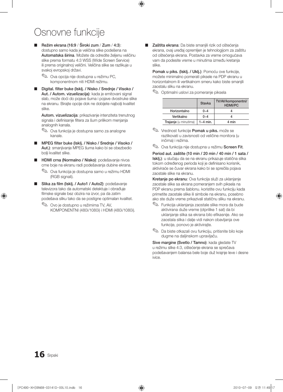 Osnovne funkcije | Samsung PS50C490B3W User Manual | Page 394 / 422