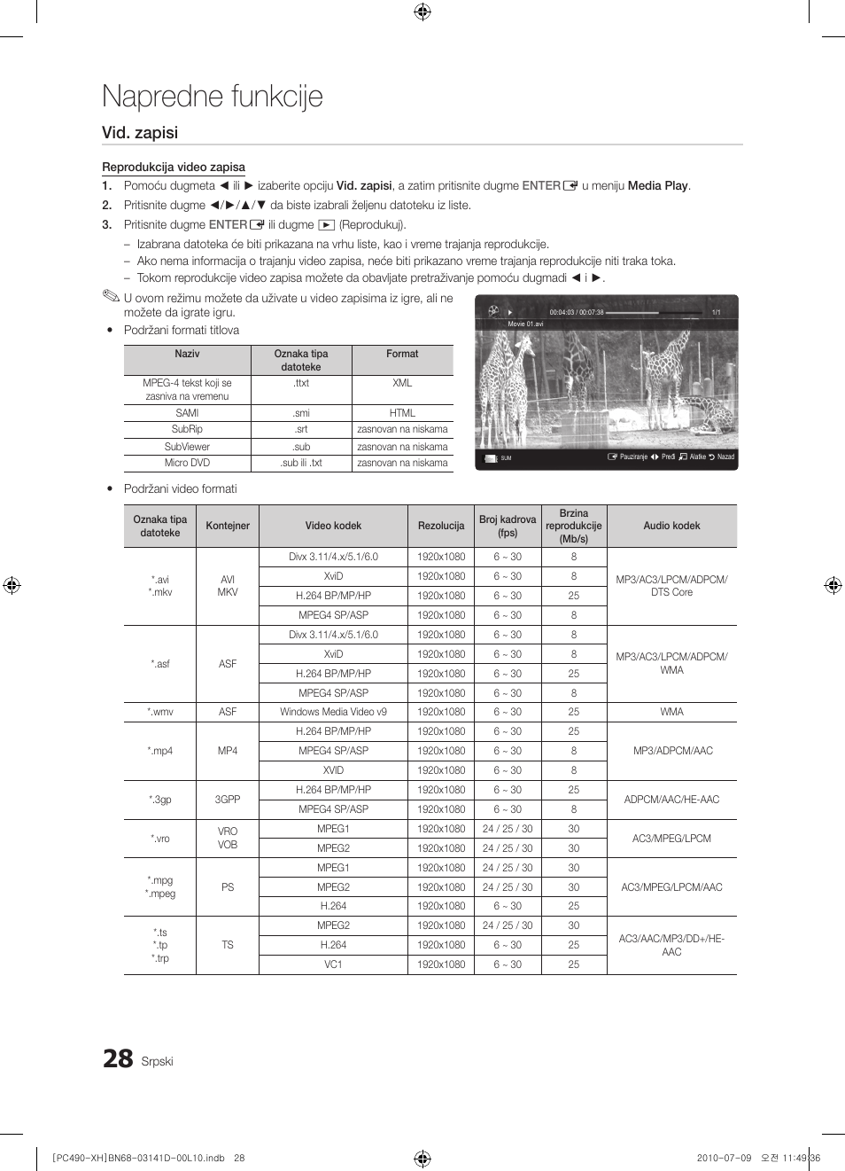 Napredne funkcije, Vid. zapisi | Samsung PS50C490B3W User Manual | Page 406 / 422