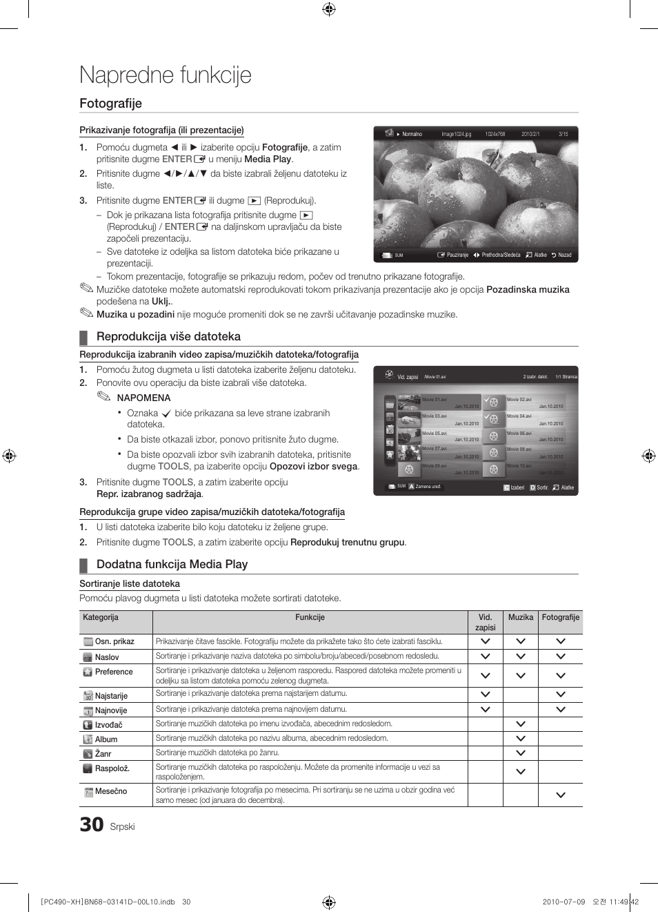 Napredne funkcije, Fotografije, Reprodukcija više datoteka | Dodatna funkcija media play | Samsung PS50C490B3W User Manual | Page 408 / 422