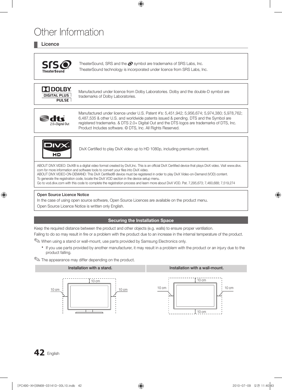 Other information | Samsung PS50C490B3W User Manual | Page 42 / 422