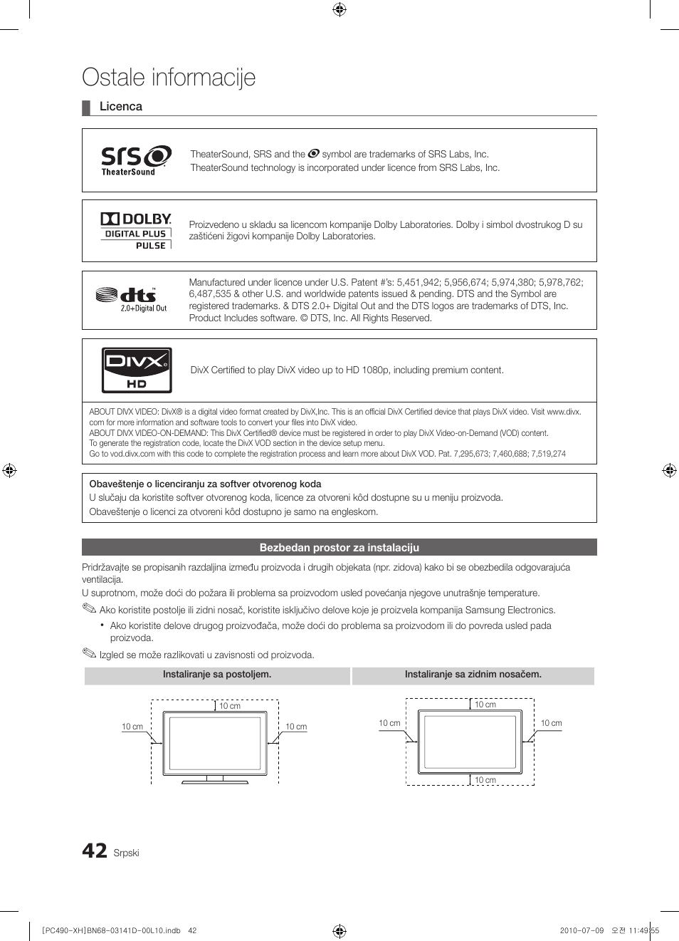 Ostale informacije | Samsung PS50C490B3W User Manual | Page 420 / 422