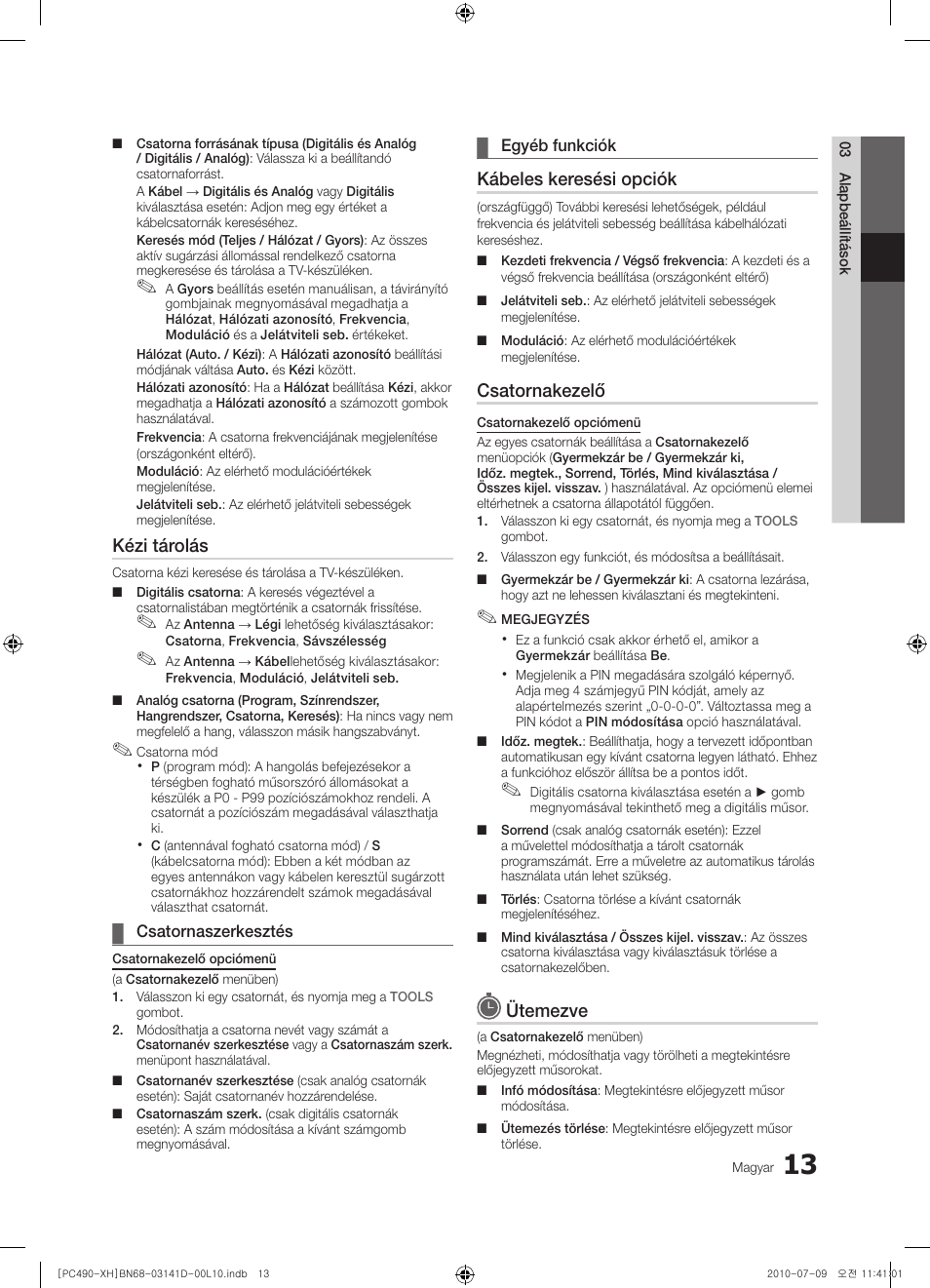 Kézi tárolás, Kábeles keresési opciók, Csatornakezelő | Ütemezve | Samsung PS50C490B3W User Manual | Page 55 / 422