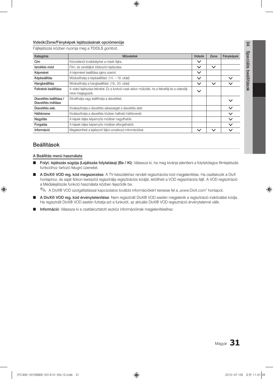 Beállítások | Samsung PS50C490B3W User Manual | Page 73 / 422