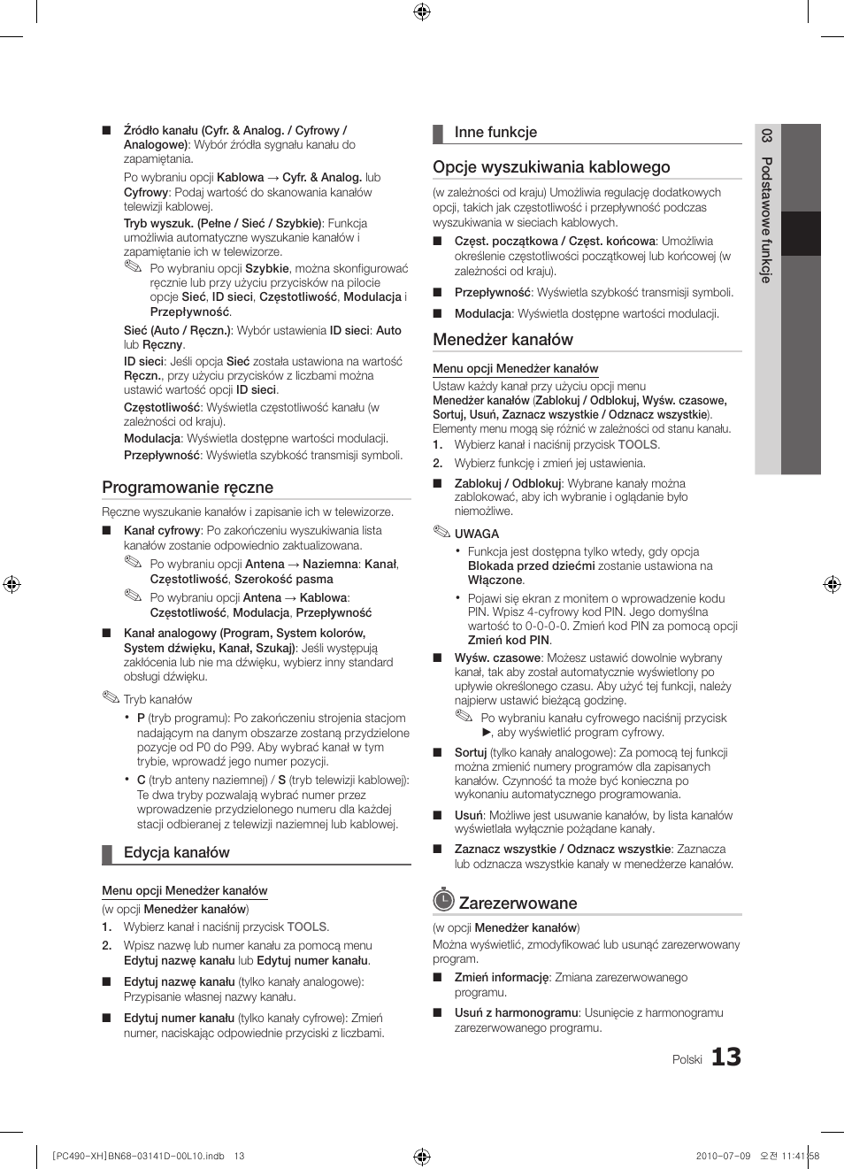 Programowanie ręczne, Opcje wyszukiwania kablowego, Menedżer kanałów | Zarezerwowane | Samsung PS50C490B3W User Manual | Page 97 / 422