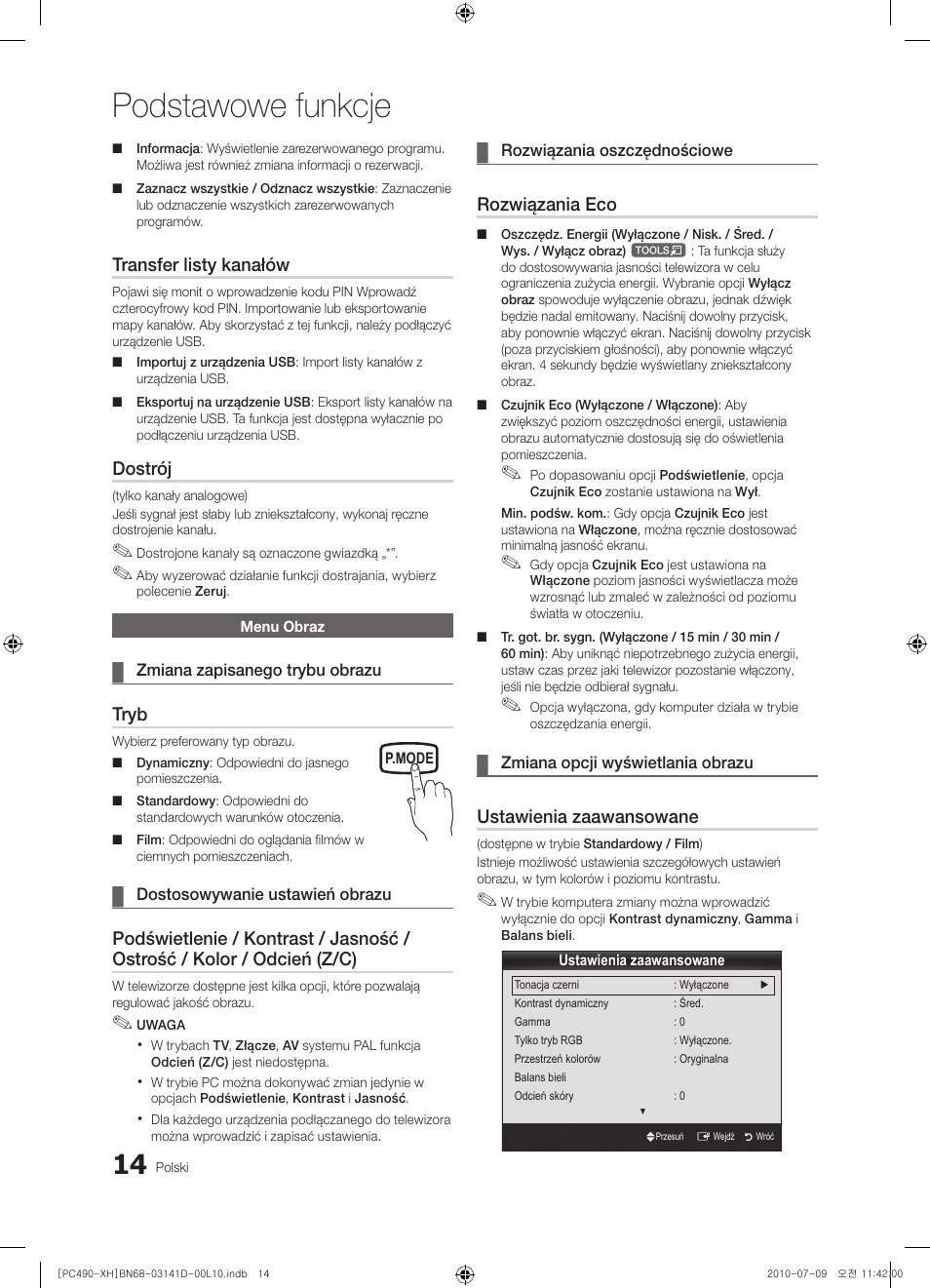 Podstawowe funkcje, Transfer listy kanałów, Dostrój | Tryb, Rozwiązania eco, Ustawienia zaawansowane | Samsung PS50C490B3W User Manual | Page 98 / 422