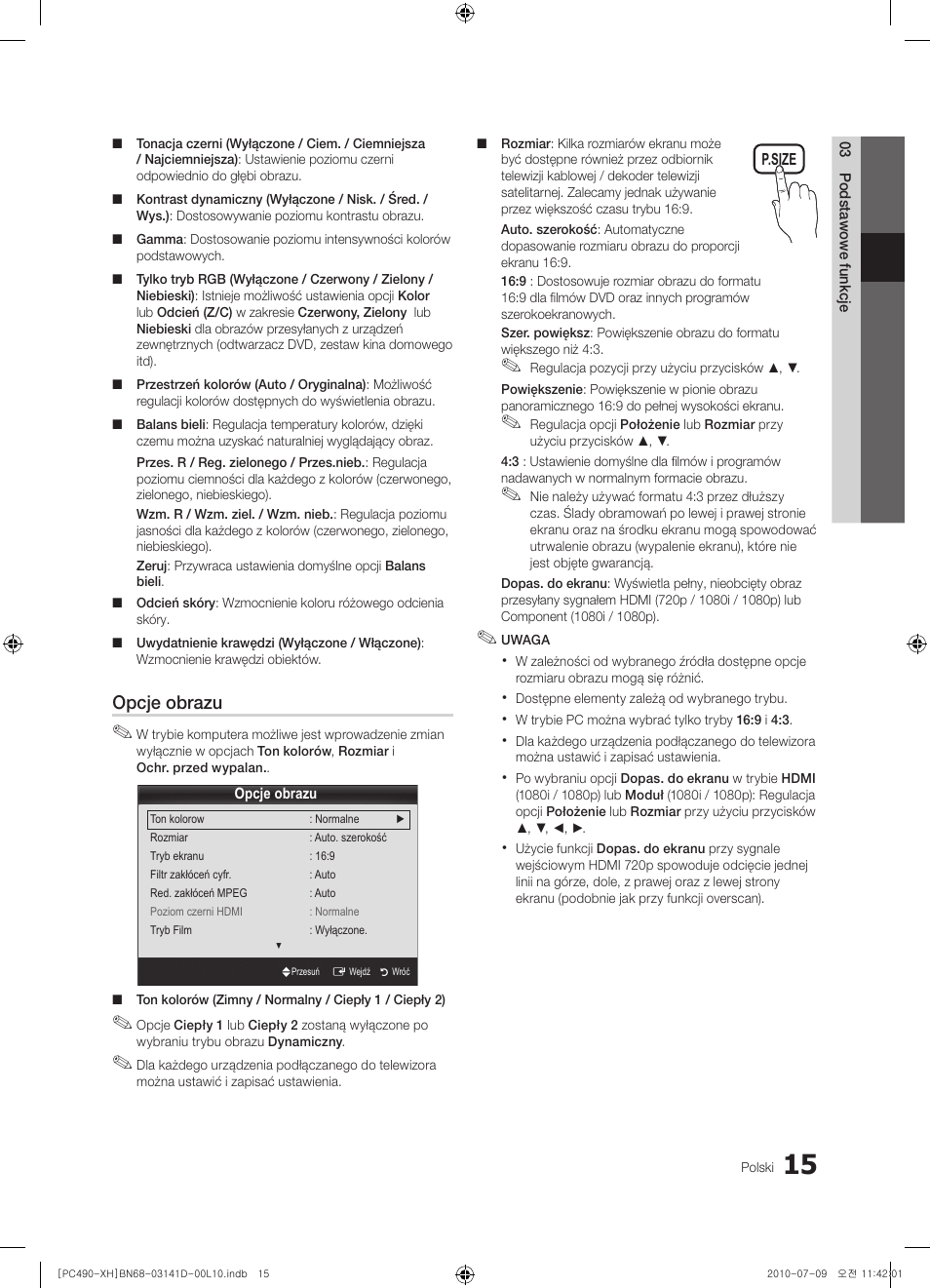 Opcje obrazu | Samsung PS50C490B3W User Manual | Page 99 / 422