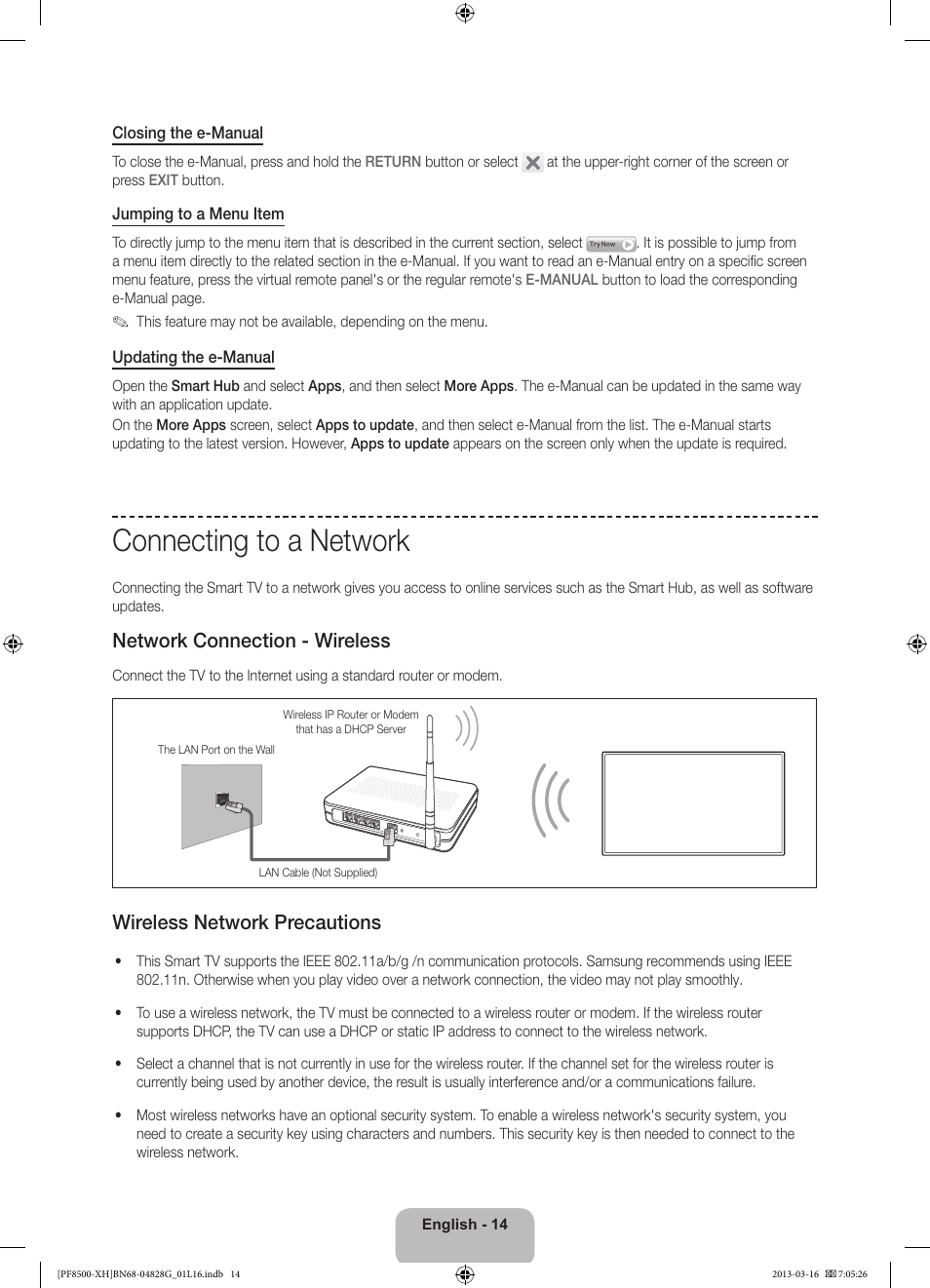 Connecting to a network, Network connection - wireless, Wireless network precautions | Samsung PS64F8500SL User Manual | Page 14 / 385