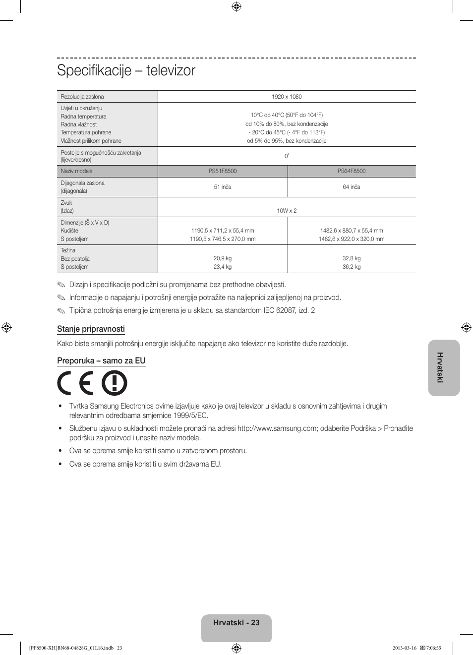 Specifikacije – televizor | Samsung PS64F8500SL User Manual | Page 143 / 385