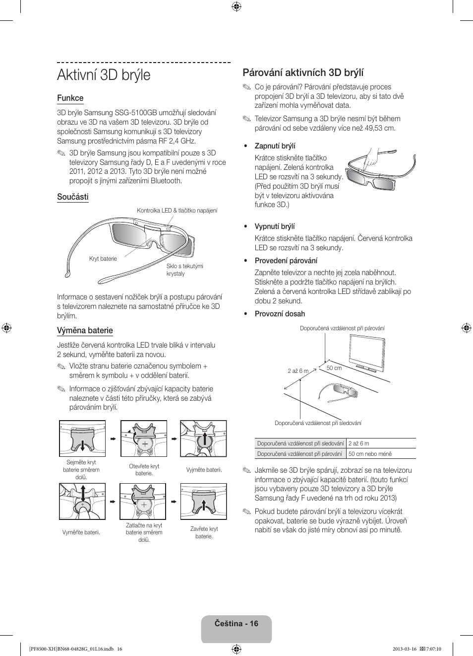 Aktivní 3d brýle, Párování aktivních 3d brýlí | Samsung PS64F8500SL User Manual | Page 160 / 385
