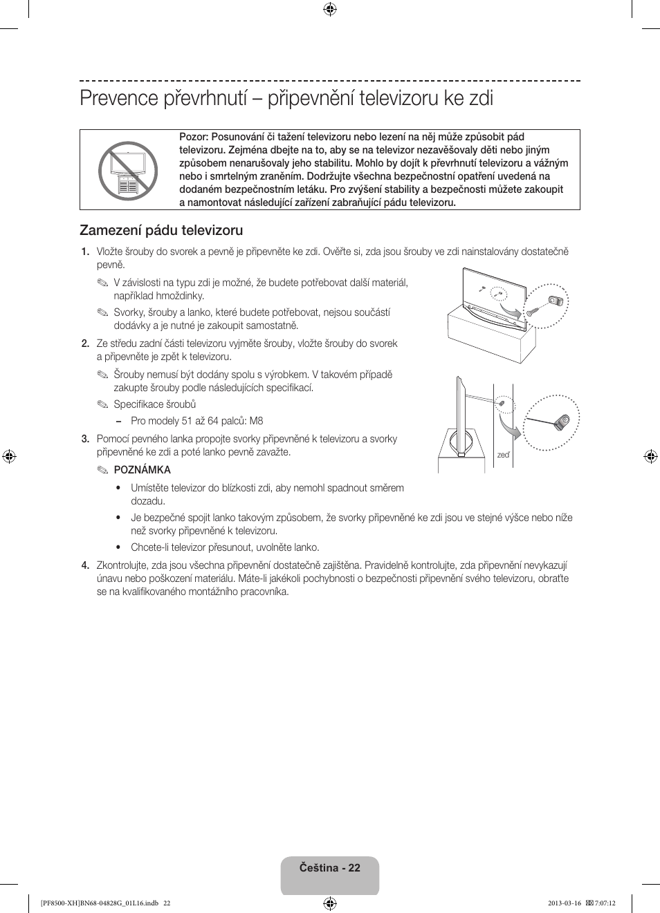 Prevence převrhnutí – připevnění televizoru ke zdi, Zamezení pádu televizoru | Samsung PS64F8500SL User Manual | Page 166 / 385
