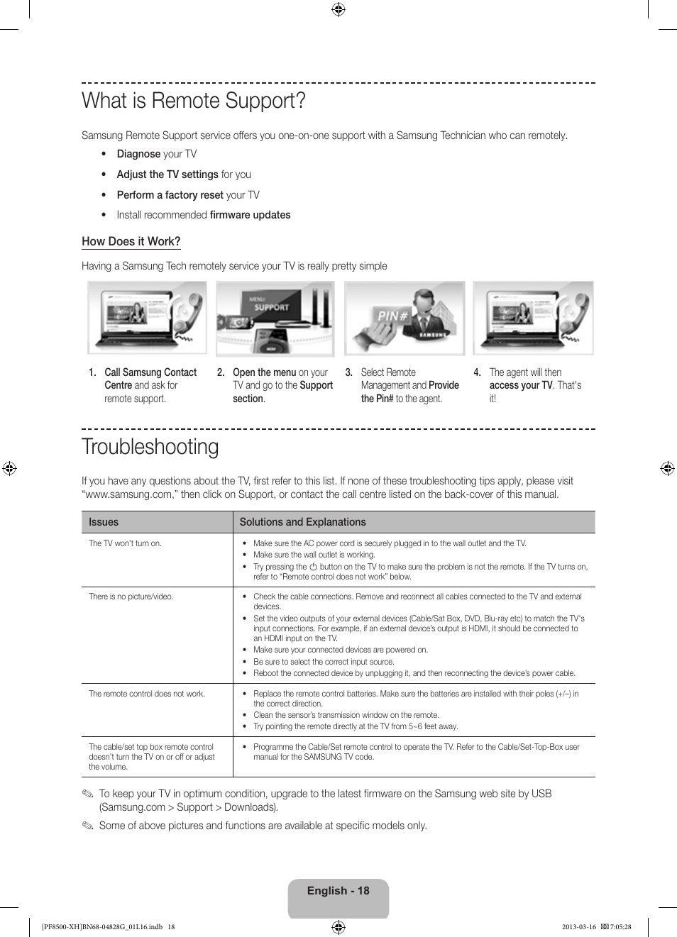 What is remote support, Troubleshooting | Samsung PS64F8500SL User Manual | Page 18 / 385