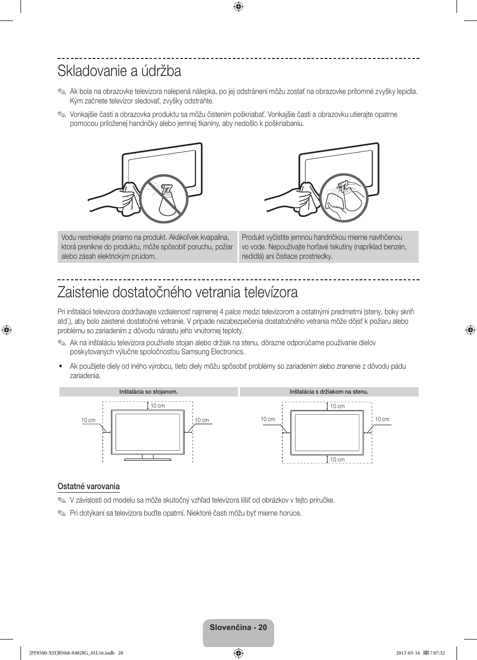 Skladovanie a údržba, Zaistenie dostatočného vetrania televízora | Samsung PS64F8500SL User Manual | Page 188 / 385