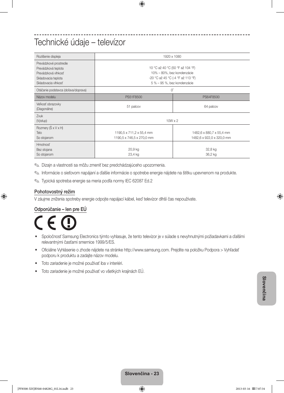 Technické údaje – televízor | Samsung PS64F8500SL User Manual | Page 191 / 385