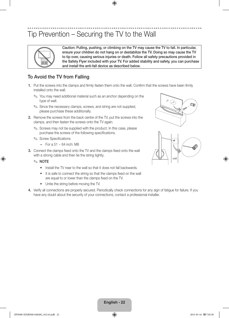 Tip prevention – securing the tv to the wall | Samsung PS64F8500SL User Manual | Page 22 / 385