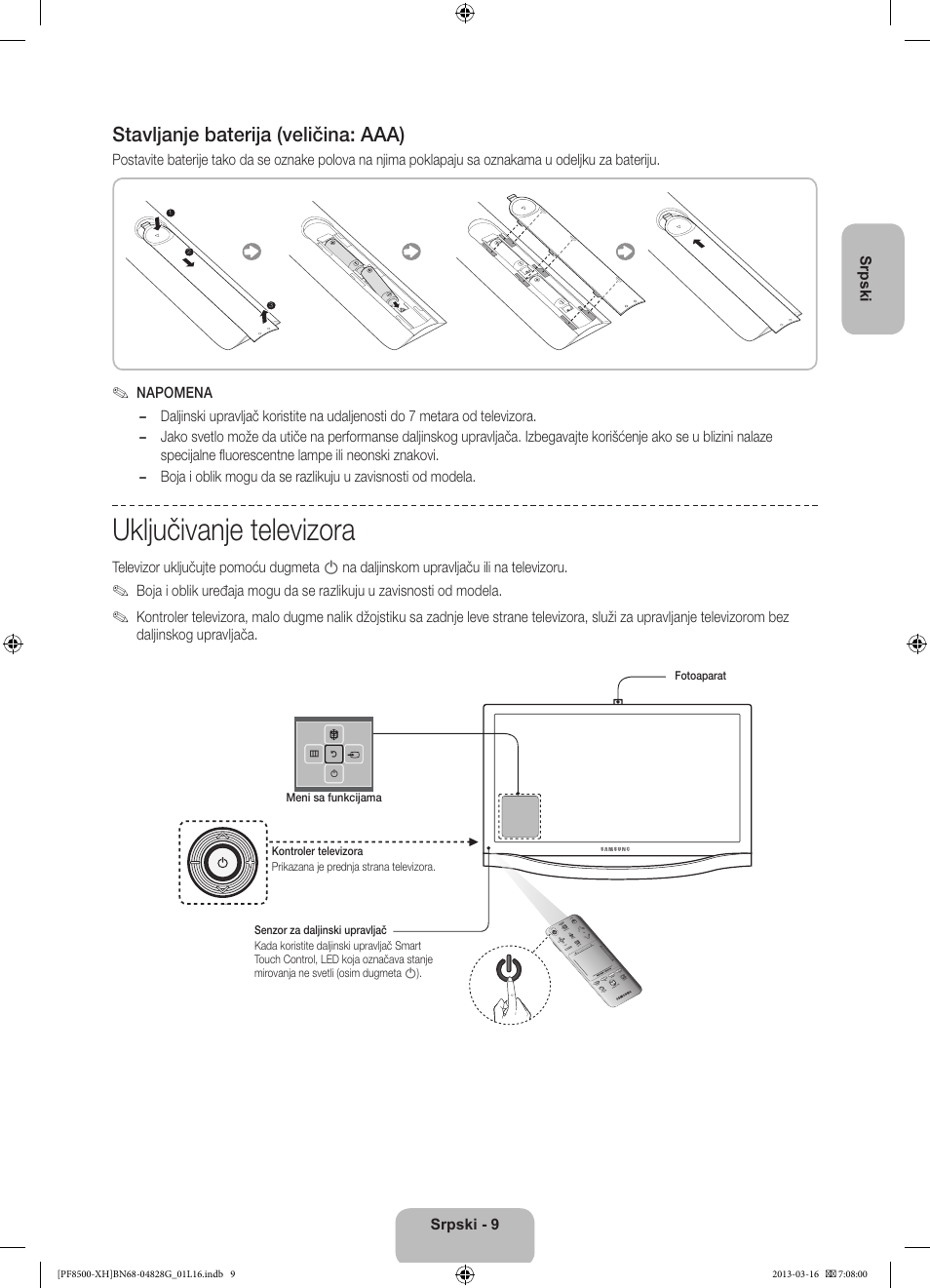 Uključivanje televizora, Stavljanje baterija (veličina: aaa) | Samsung PS64F8500SL User Manual | Page 225 / 385