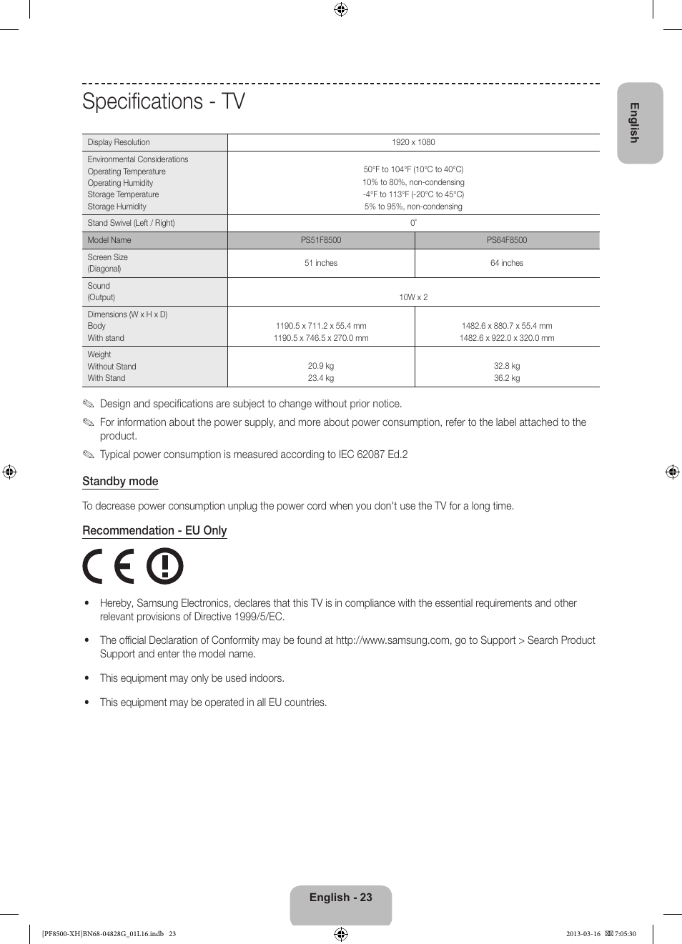 Specifications - tv | Samsung PS64F8500SL User Manual | Page 23 / 385