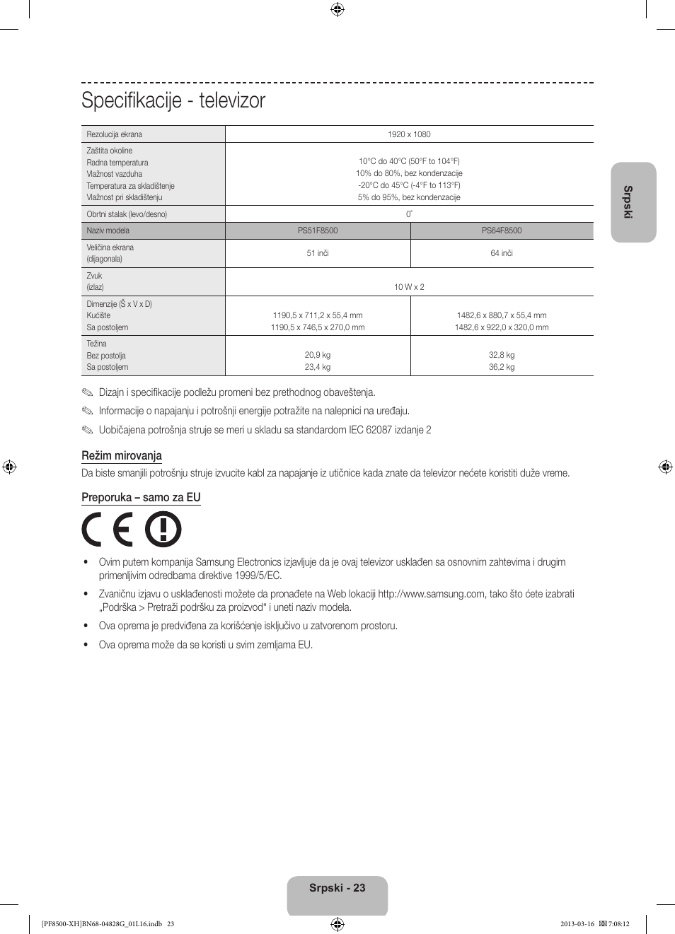 Specifikacije - televizor | Samsung PS64F8500SL User Manual | Page 239 / 385