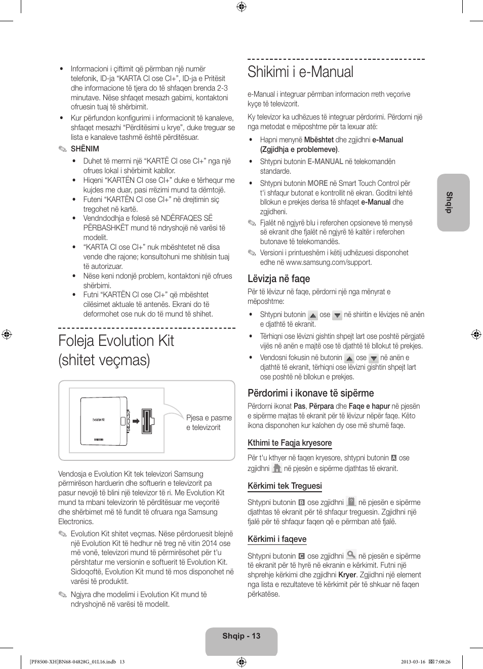 Foleja evolution kit (shitet veçmas), Shikimi i e-manual, Lëvizja në faqe | Përdorimi i ikonave të sipërme | Samsung PS64F8500SL User Manual | Page 253 / 385