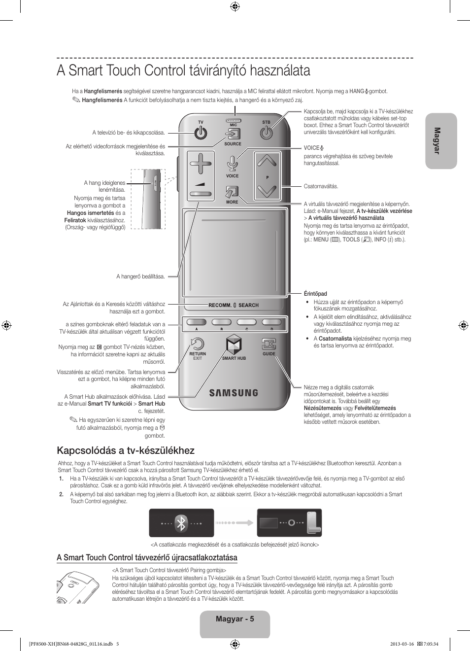 A smart touch control távirányító használata, Kapcsolódás a tv-készülékhez, Magyar - 5 magyar | Samsung PS64F8500SL User Manual | Page 29 / 385