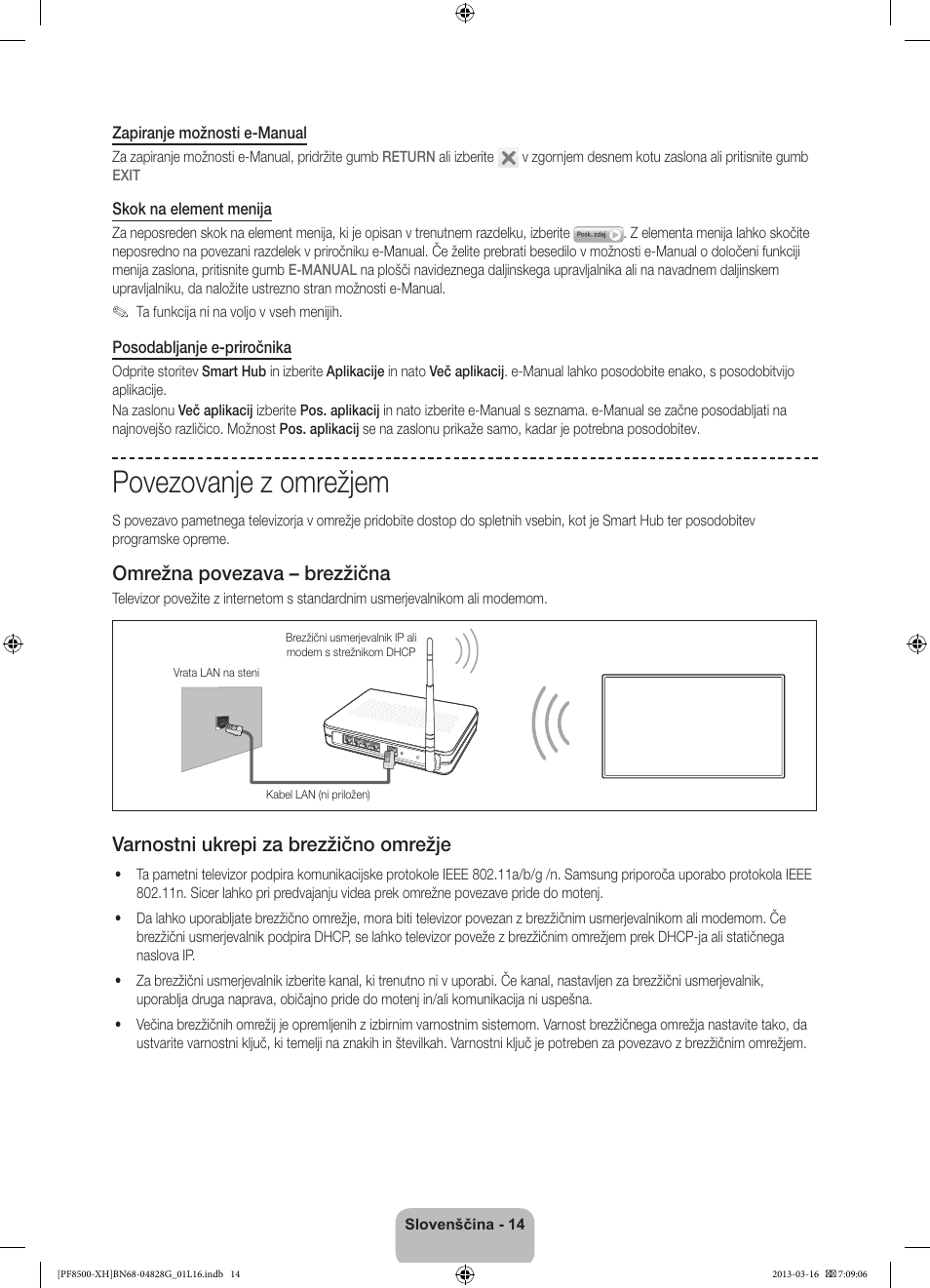 Povezovanje z omrežjem, Omrežna povezava – brezžična, Varnostni ukrepi za brezžično omrežje | Samsung PS64F8500SL User Manual | Page 302 / 385