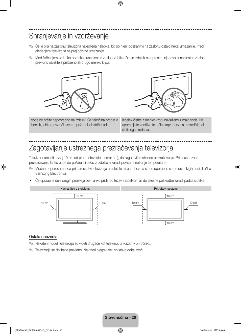 Shranjevanje in vzdrževanje, Zagotavljanje ustreznega prezračevanja televizorja | Samsung PS64F8500SL User Manual | Page 308 / 385