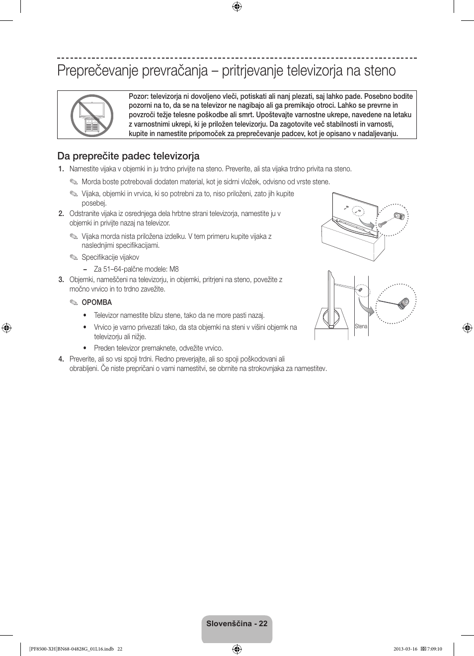 Da preprečite padec televizorja | Samsung PS64F8500SL User Manual | Page 310 / 385