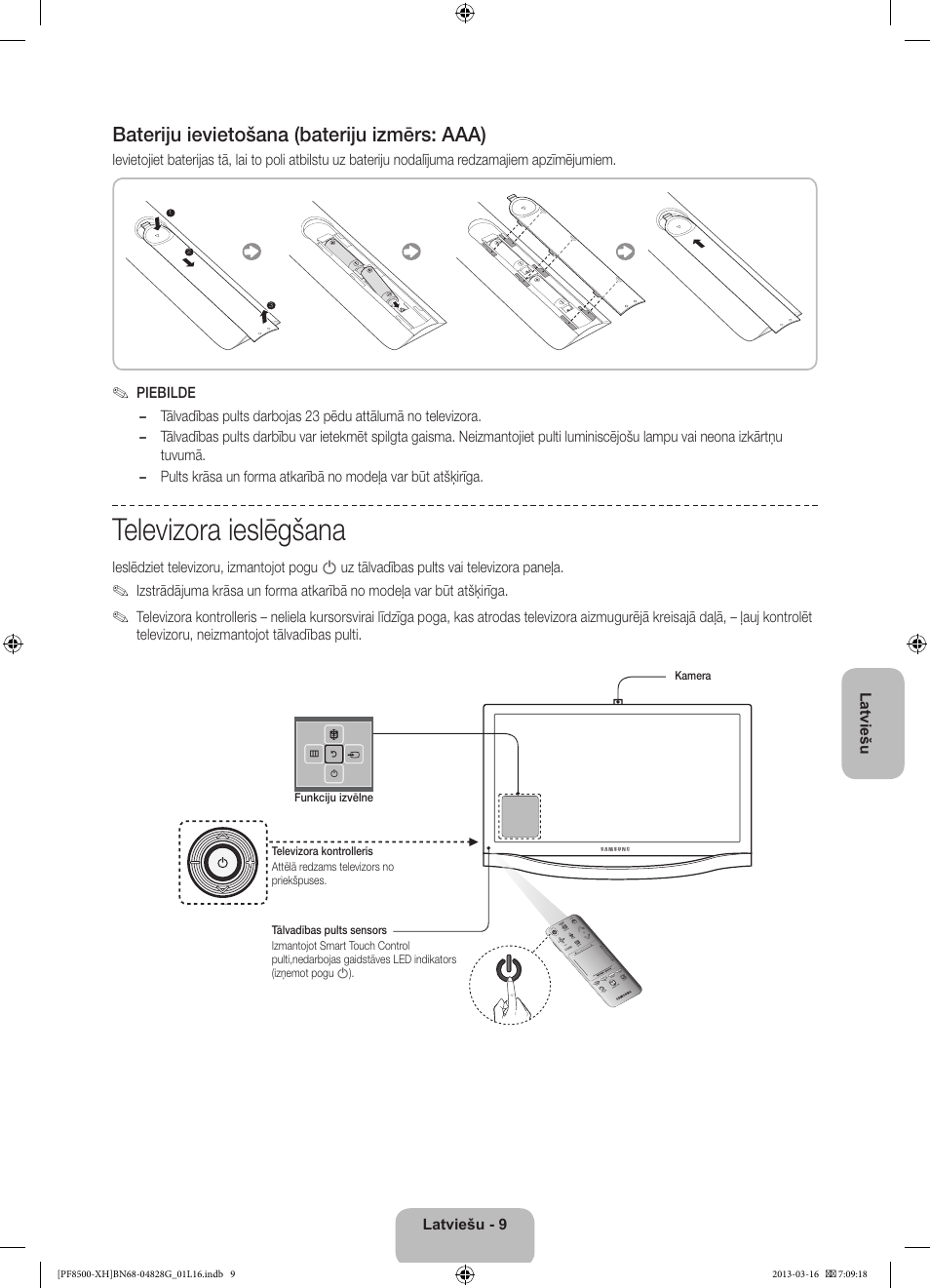 Televizora ieslēgšana, Bateriju ievietošana (bateriju izmērs: aaa) | Samsung PS64F8500SL User Manual | Page 321 / 385