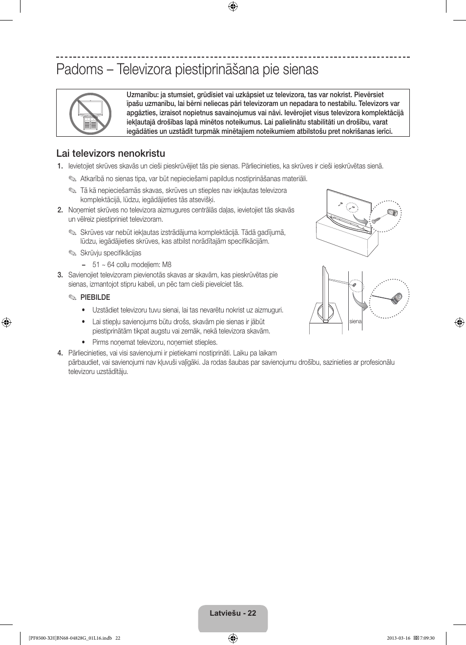 Padoms – televizora piestiprināšana pie sienas, Lai televizors nenokristu | Samsung PS64F8500SL User Manual | Page 334 / 385