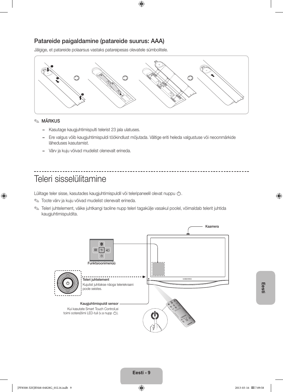 Teleri sisselülitamine, Patareide paigaldamine (patareide suurus: aaa) | Samsung PS64F8500SL User Manual | Page 369 / 385