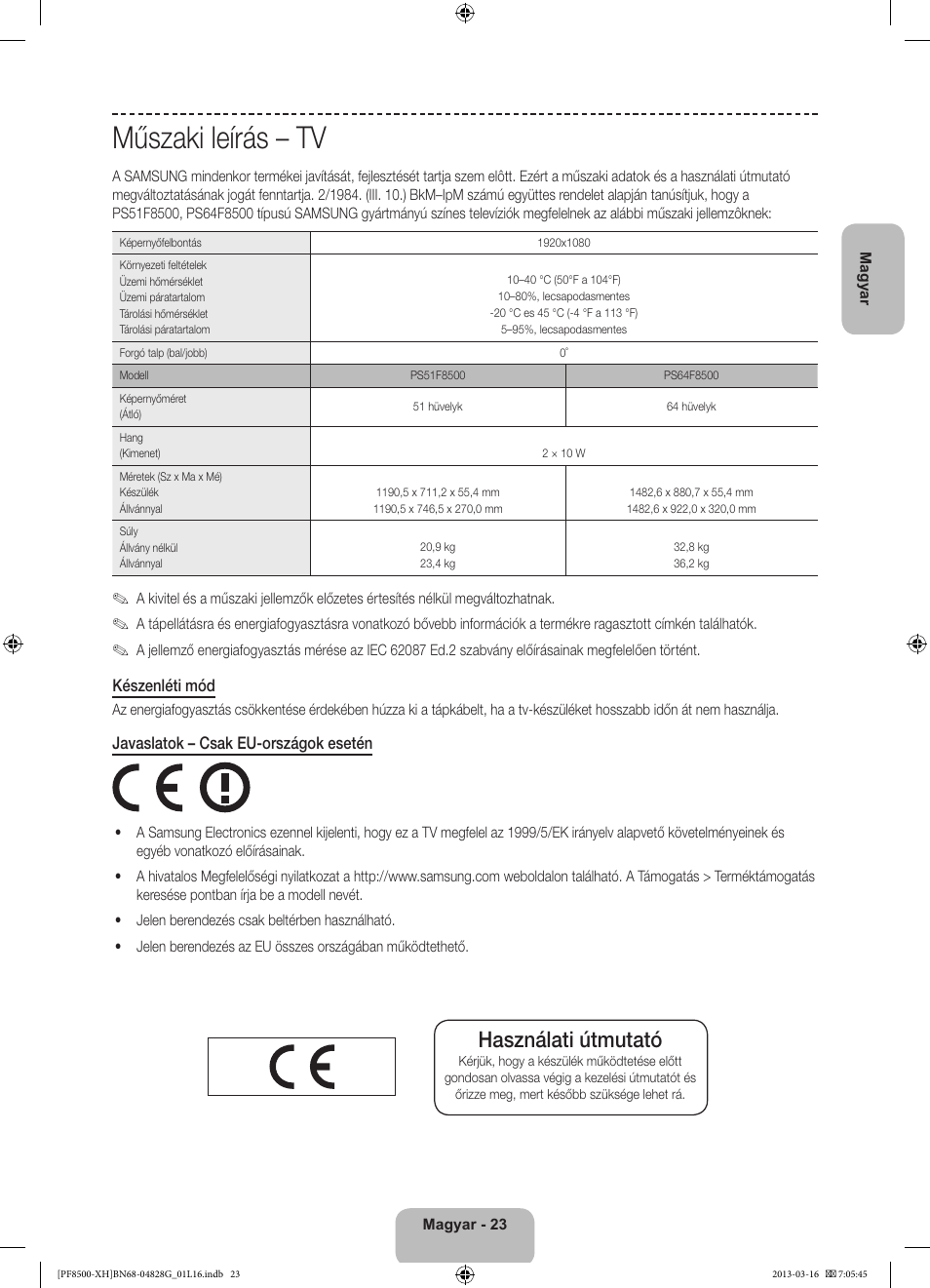 Műszaki leírás – tv, Használati útmutató | Samsung PS64F8500SL User Manual | Page 47 / 385
