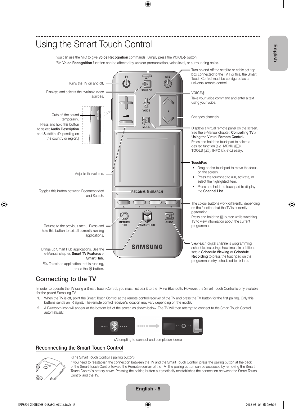 Using the smart touch control, Connecting to the tv, Reconnecting the smart touch control | English - 5 english | Samsung PS64F8500SL User Manual | Page 5 / 385
