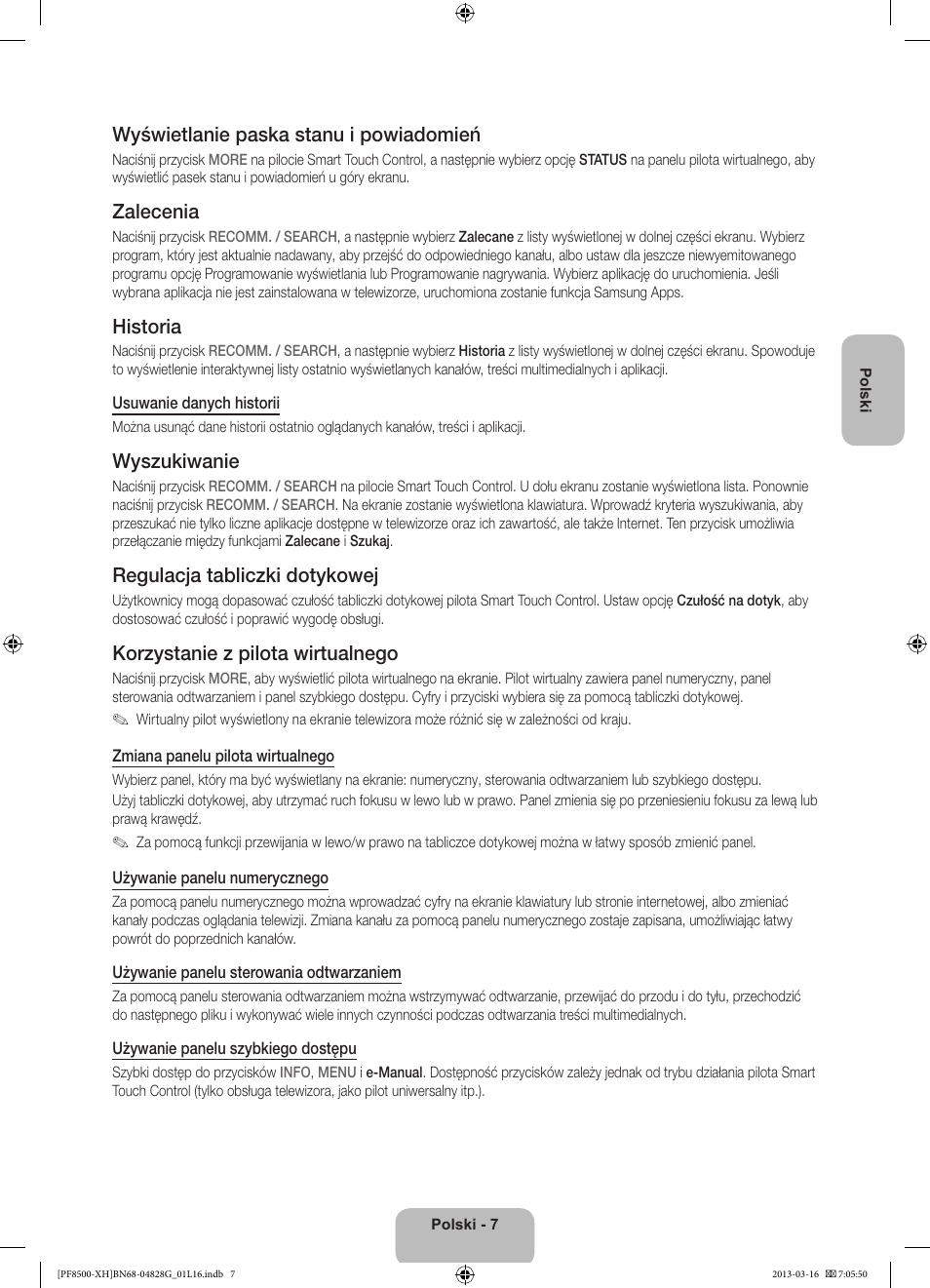 Wyświetlanie paska stanu i powiadomień, Zalecenia, Historia | Wyszukiwanie, Regulacja tabliczki dotykowej, Korzystanie z pilota wirtualnego | Samsung PS64F8500SL User Manual | Page 55 / 385