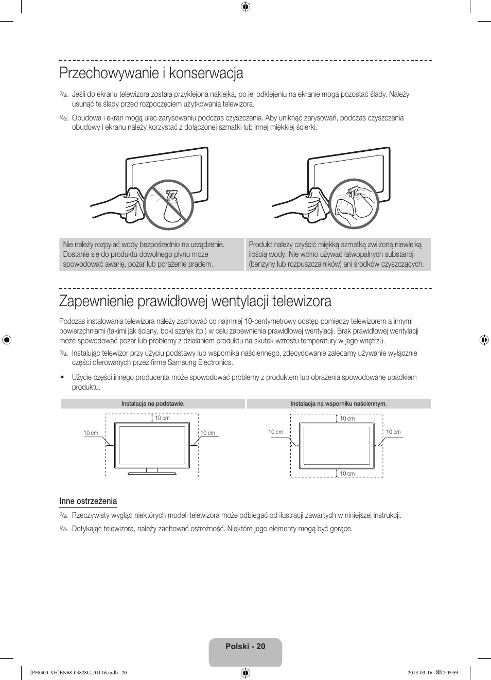 Przechowywanie i konserwacja, Zapewnienie prawidłowej wentylacji telewizora | Samsung PS64F8500SL User Manual | Page 68 / 385