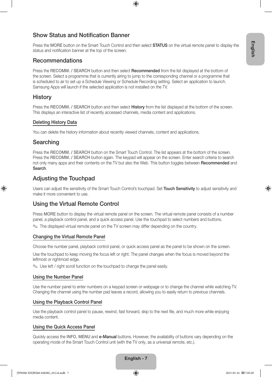 Show status and notification banner, Recommendations, History | Searching, Adjusting the touchpad, Using the virtual remote control | Samsung PS64F8500SL User Manual | Page 7 / 385