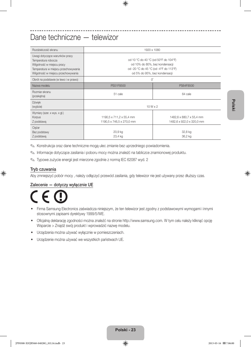 Dane techniczne — telewizor | Samsung PS64F8500SL User Manual | Page 71 / 385