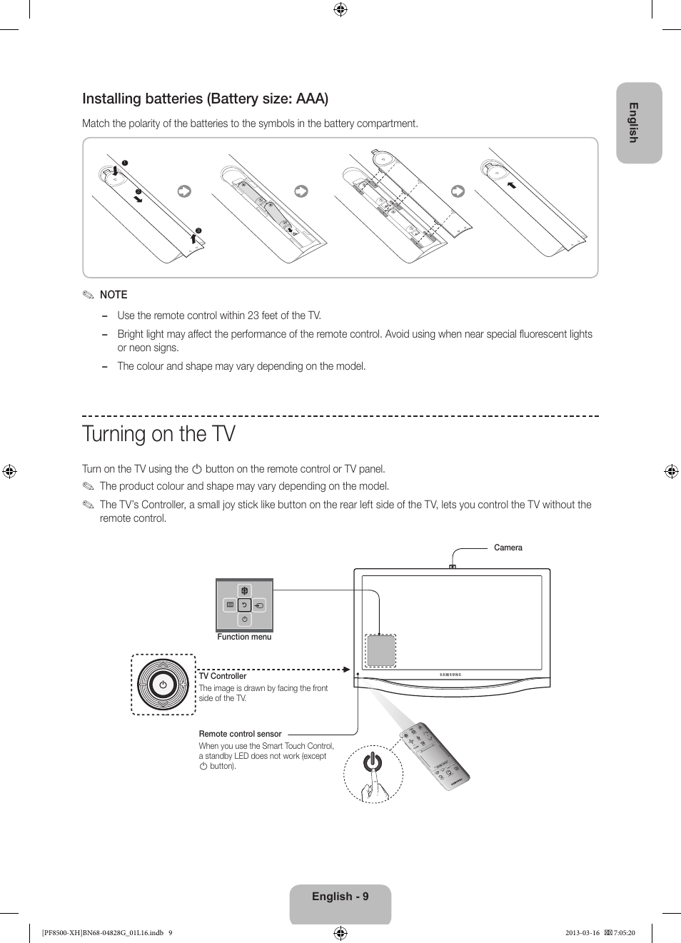 Turning on the tv, Installing batteries (battery size: aaa) | Samsung PS64F8500SL User Manual | Page 9 / 385