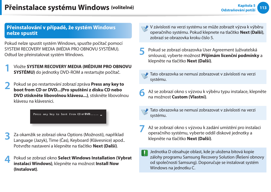 Přeinstalace systému windows | Samsung NP270E5GI User Manual | Page 104 / 134