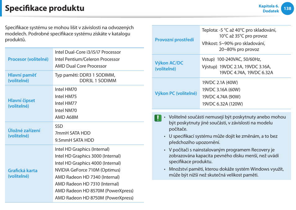 Specifikace produktu | Samsung NP270E5GI User Manual | Page 129 / 134
