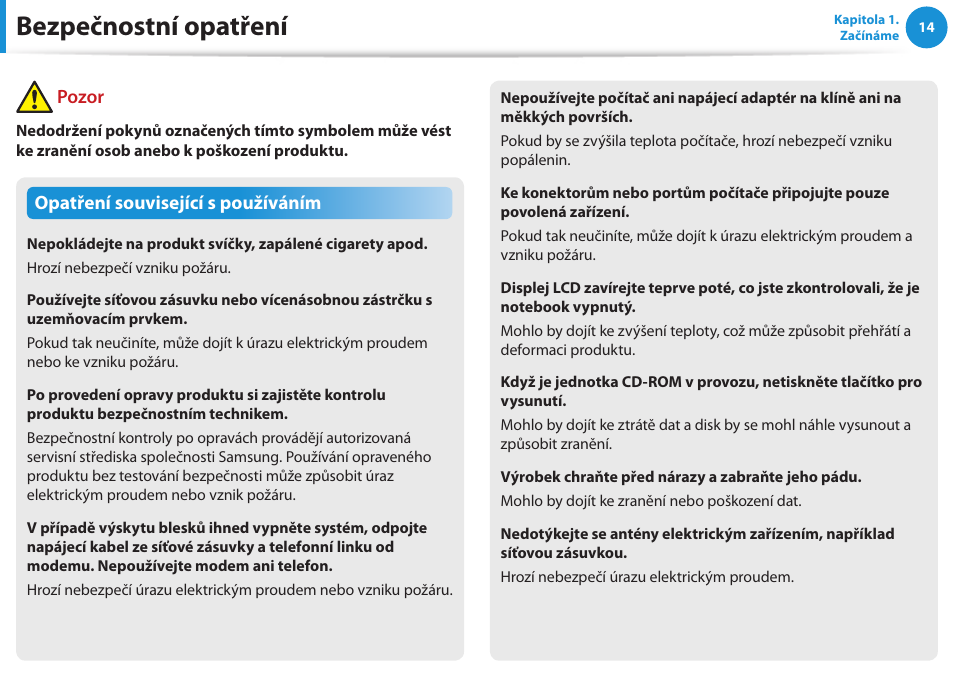 Bezpečnostní opatření, Opatření související s používáním, Pozor | Samsung NP270E5GI User Manual | Page 15 / 134
