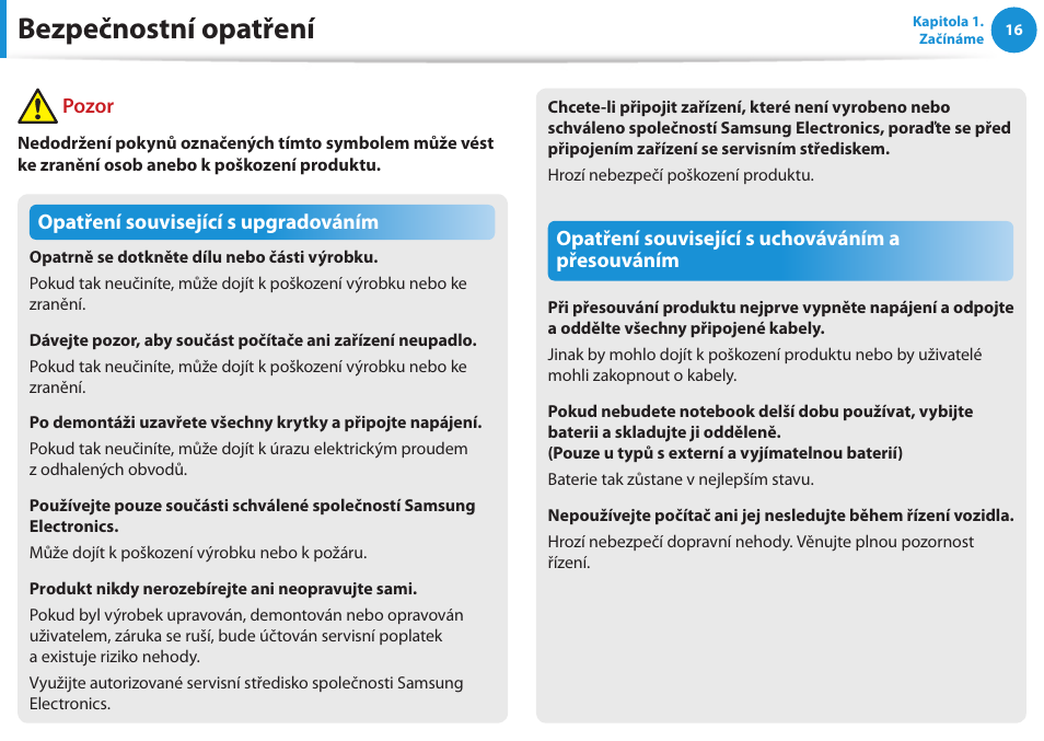 Bezpečnostní opatření | Samsung NP270E5GI User Manual | Page 17 / 134