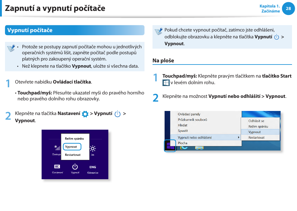 Zapnutí a vypnutí počítače | Samsung NP270E5GI User Manual | Page 29 / 134