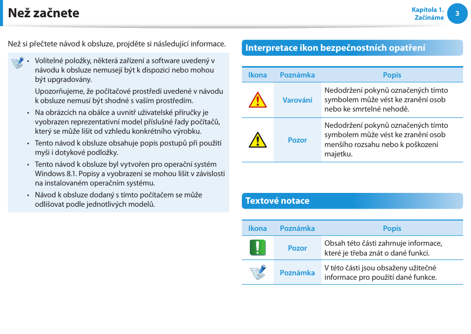 Než začnete, Interpretace ikon bezpečnostních opatření, Textové notace | Samsung NP270E5GI User Manual | Page 4 / 134