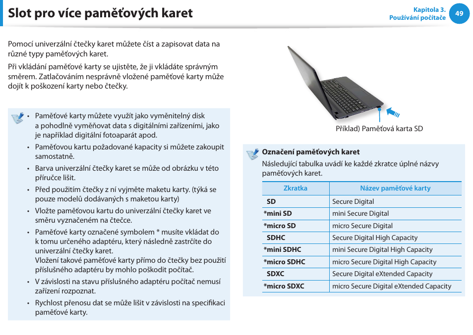 Slot pro více paměťových karet | Samsung NP270E5GI User Manual | Page 52 / 134