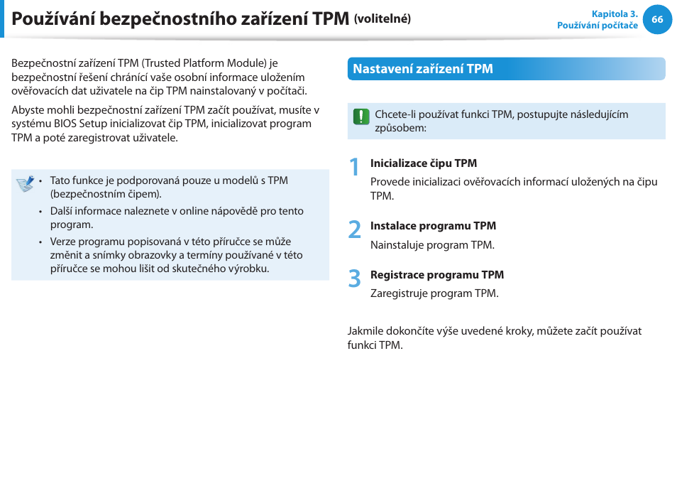 Používání bezpečnostního zařízení tpm (volitelné), Používání bezpečnostního zařízení tpm | Samsung NP270E5GI User Manual | Page 69 / 134