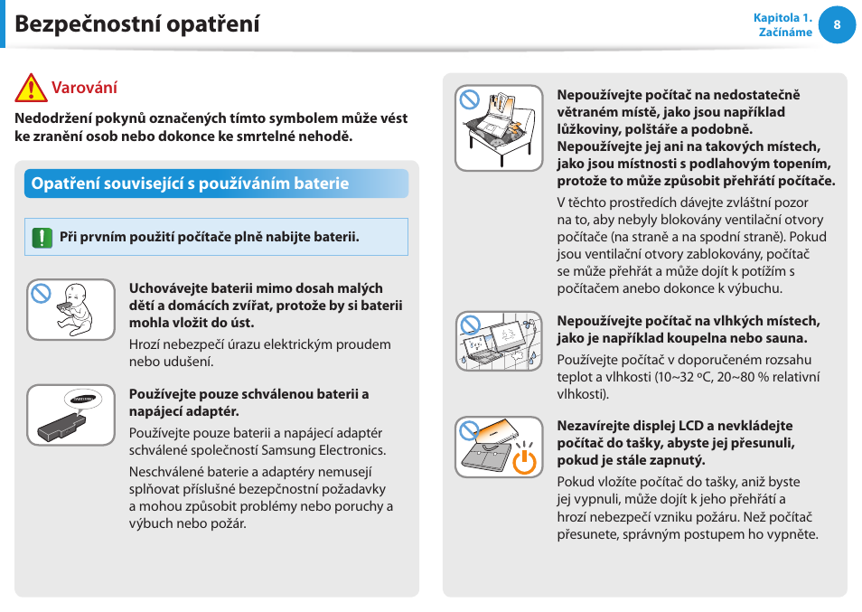 Bezpečnostní opatření, Opatření související s používáním baterie, Varování | Samsung NP270E5GI User Manual | Page 9 / 134