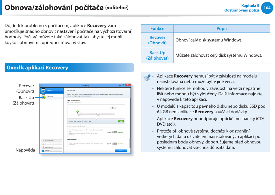 Obnova/zálohování počítače (volitelné), Obnova/zálohování počítače, Úvod k aplikaci recovery | Samsung NP270E5GI User Manual | Page 95 / 134
