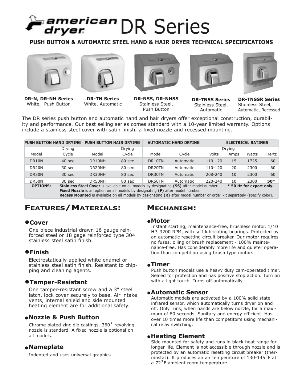 American Dryer DR-NSS User Manual | 2 pages